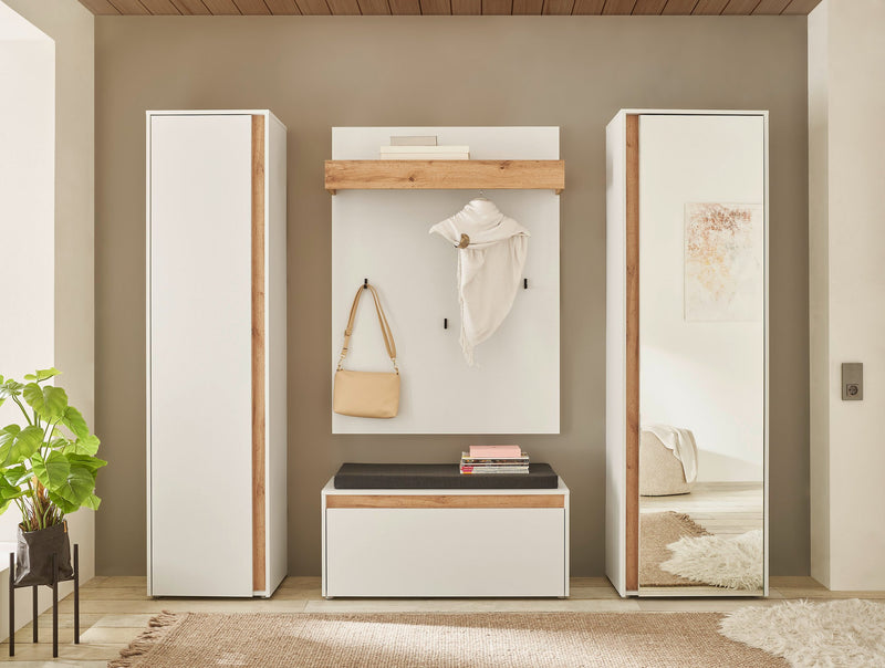 Set complet pentru hol City Giron alb cu detalii stejar 4 piese - LunaHome.ro