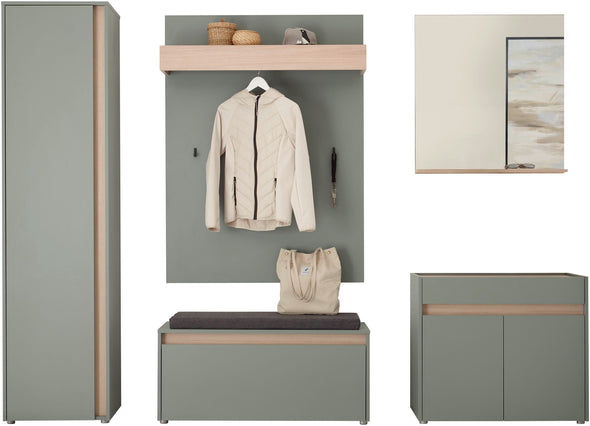 Set complet pentru hol City Giron verde cu stejar din 5 piese