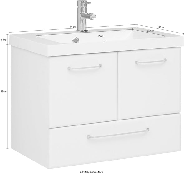 Set de baie cu masca si lavoar Quickset alb lucios 74 cm lățime - LunaHome.ro