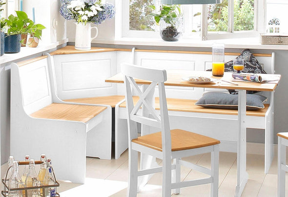 Set de dining Sascha cu coltar cu depozitare si masa din lemn de pin - LunaHome.ro