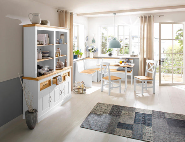 Set de dining Sascha cu coltar cu depozitare si masa din lemn de pin - LunaHome.ro