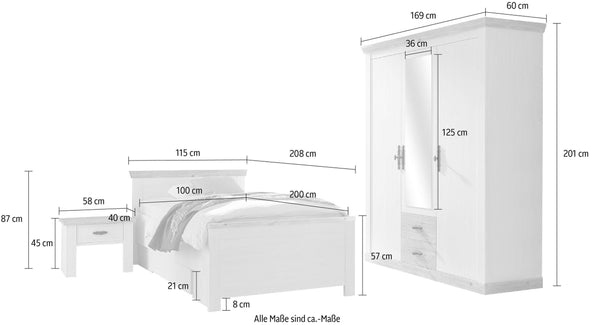 Set de dormitor Florenz cu dulap cu 3 usi, pat de 100 cm si noptiera - LunaHome.ro