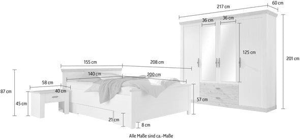 Set de dormitor Florenz cu dulap cu 4 usi, pat de 140 cm si noptiere - LunaHome.ro