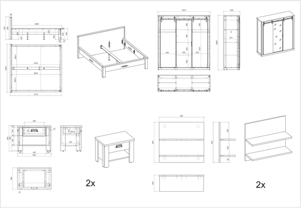 Set de dormitor Sherwood cu pat 180x200 cm, dulap cu 3 uși, rafturi si noptiere - LunaHome.ro