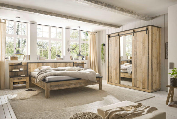 Set de dormitor Sherwood cu pat 180x200 cm, dulap cu 3 uși, rafturi si noptiere - LunaHome.ro