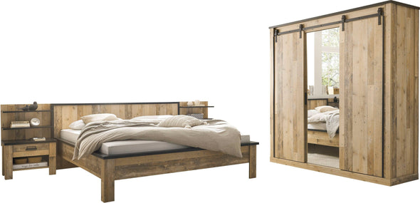 Set de dormitor Sherwood cu pat 180x200 cm, dulap cu 3 uși, rafturi si noptiere - LunaHome.ro