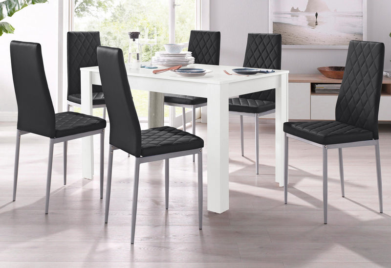 Set de sufragerie cu masa Lynn alba de 120 cm si 4 scaune negre - LunaHome.ro