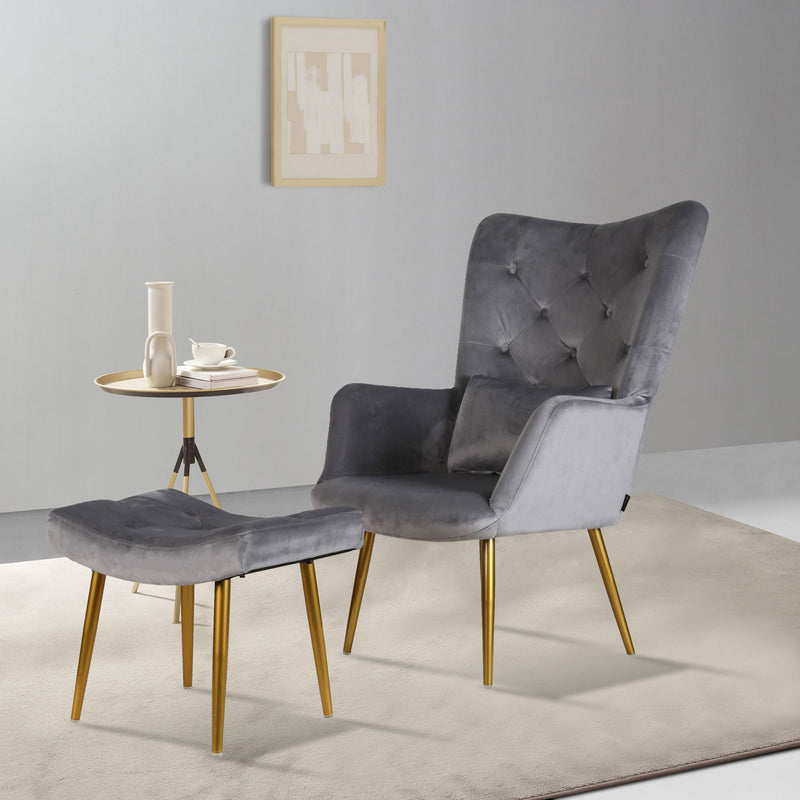 Set fotoliu cu taburet Litz din catifea gri deschis, picioare metalice - LunaHome.ro