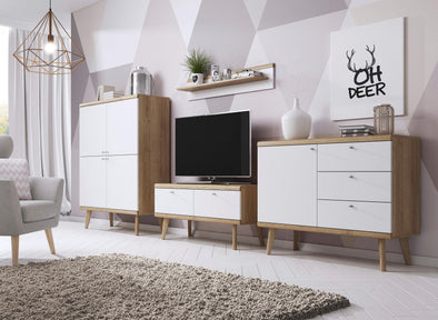 Set living Merle din 4 piese design scandinav alb cu stejar - LunaHome.ro