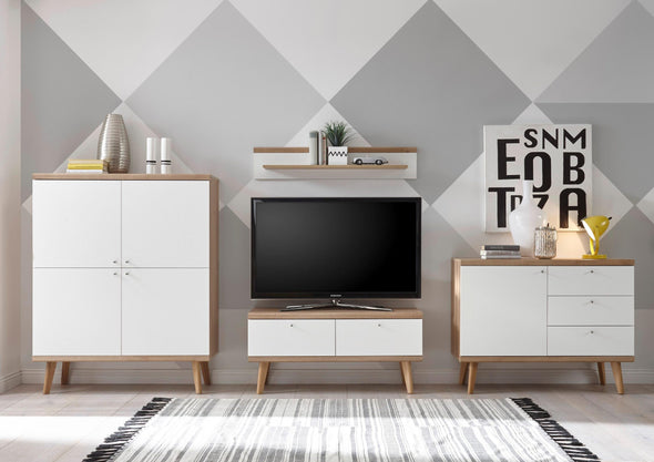 Set living Merle din 4 piese design scandinav alb cu stejar - LunaHome.ro