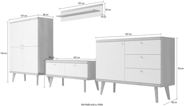 Set living Merle din 4 piese design scandinav alb cu stejar - LunaHome.ro