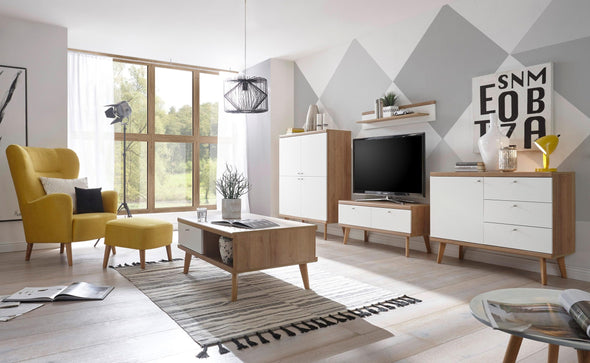 Set living Merle din 4 piese design scandinav alb cu stejar - LunaHome.ro