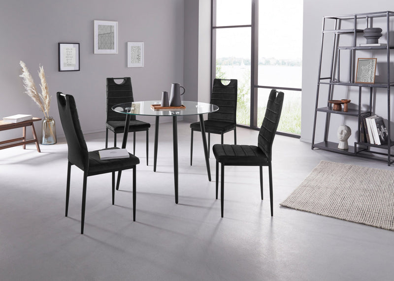 Set masă Danny din sticlă, 100 cm și 4 scaune Mandy cu husă din catifea - LunaHome.ro