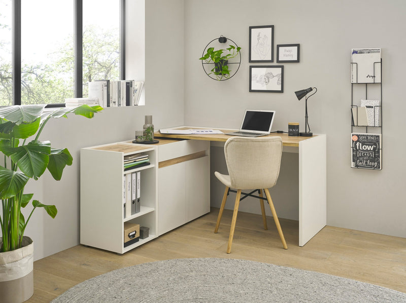 Set mobilier City Giron cu birou, raft si comoda alb cu detalii stejar
