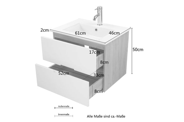 Set mobilier baie cu masca, lavoar si dulap suspendat, 61 cm lățime - LunaHome.ro