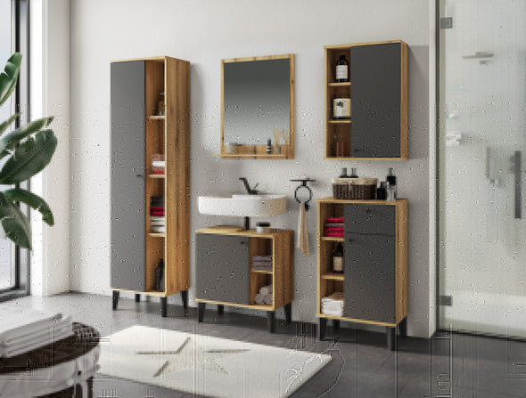 Set mobilier de baie modern Oslo din 5 piese gri cu stejar