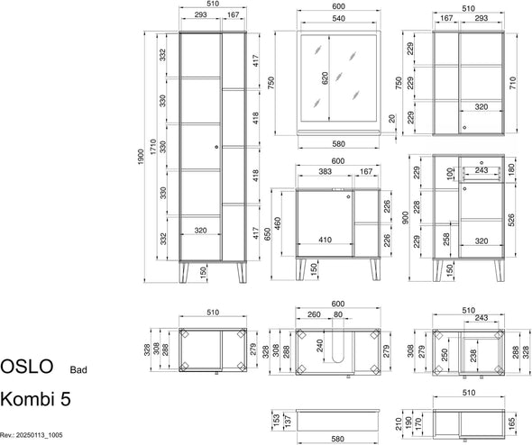 Set mobilier de baie modern Oslo din 5 piese gri cu stejar