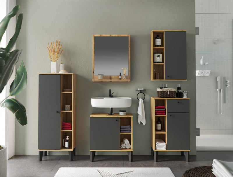 Set mobilier de baie modern Oslo din 5 piese gri cu stejar