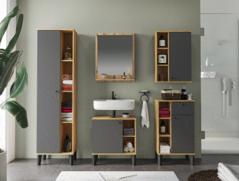 Set mobilier de baie modern Oslo din 5 piese gri cu stejar - LunaHome.ro