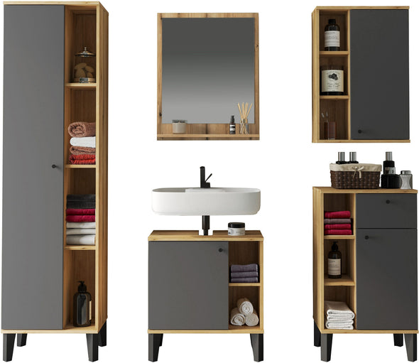 Set mobilier de baie modern Oslo din 5 piese gri cu stejar