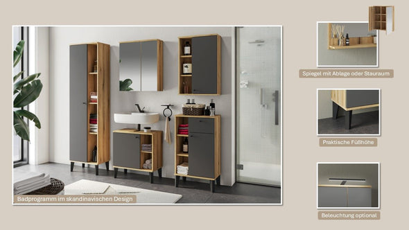 Set mobilier de baie modern Oslo din 5 piese gri cu stejar