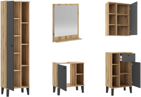 Set mobilier de baie modern Oslo din 5 piese gri cu stejar