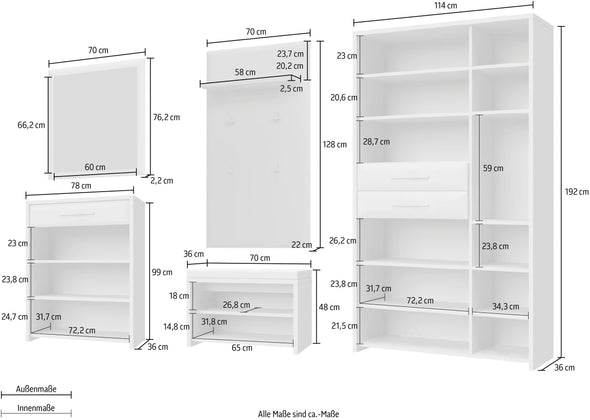 Set mobilier hol din 5 piese Gala cu fronturi alb lucios si nuc