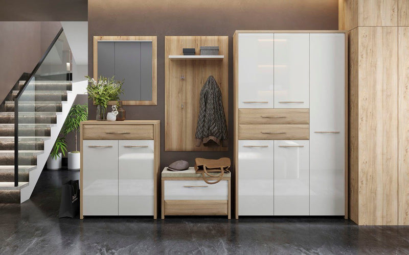 Set mobilier hol din 5 piese Gala cu fronturi alb lucios si nuc - LunaHome.ro