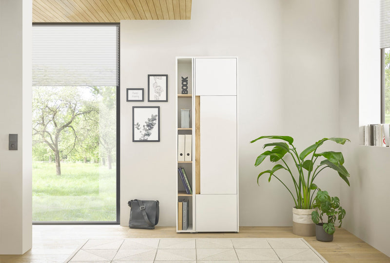 Set raft si dulap pentru birou City Giron alb cu detalii stejar - LunaHome.ro