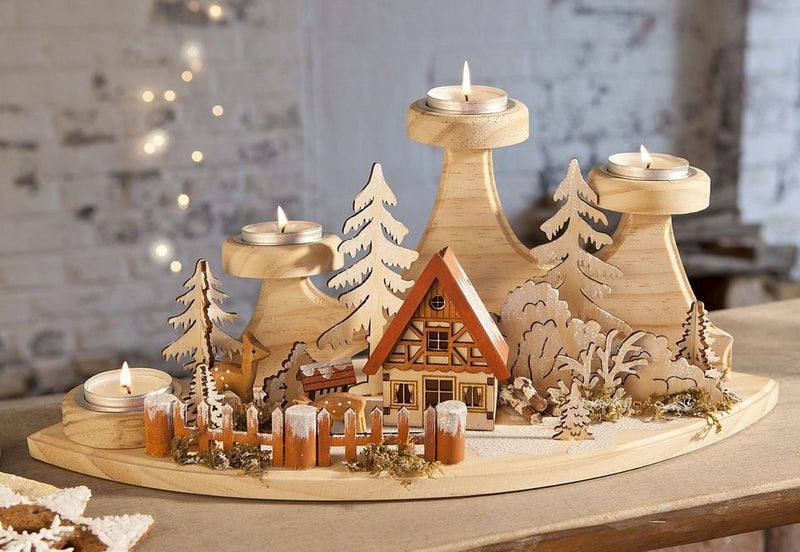 Suport de Advent cu decor de iarna Craciun din lemn 37x15 cm - LunaHome.ro