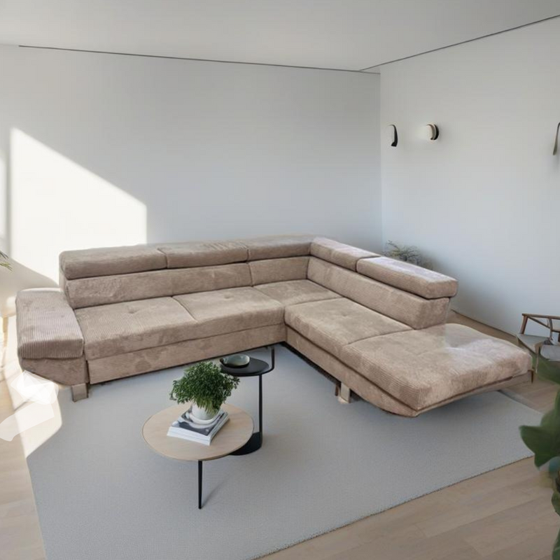 Colțar Carry extensibil cu depozitare din pluș bej 235x270 cm - LunaHome.ro