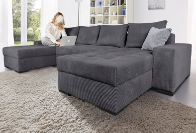 Colțar U-form Josy extensibil cu depozitare din pluș antracit 313x161 cm - LunaHome.ro