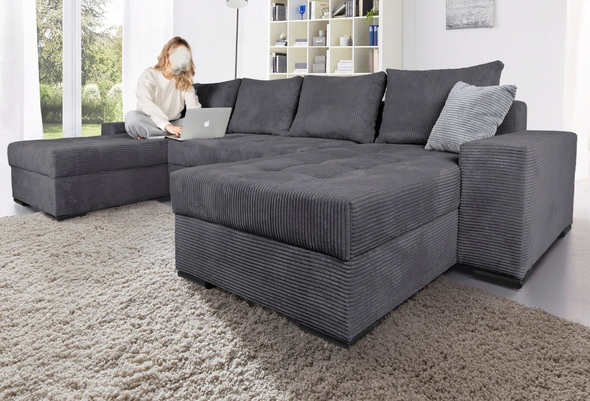 Colțar U-form Josy extensibil cu depozitare din pluș antracit 313x161 cm - LunaHome.ro