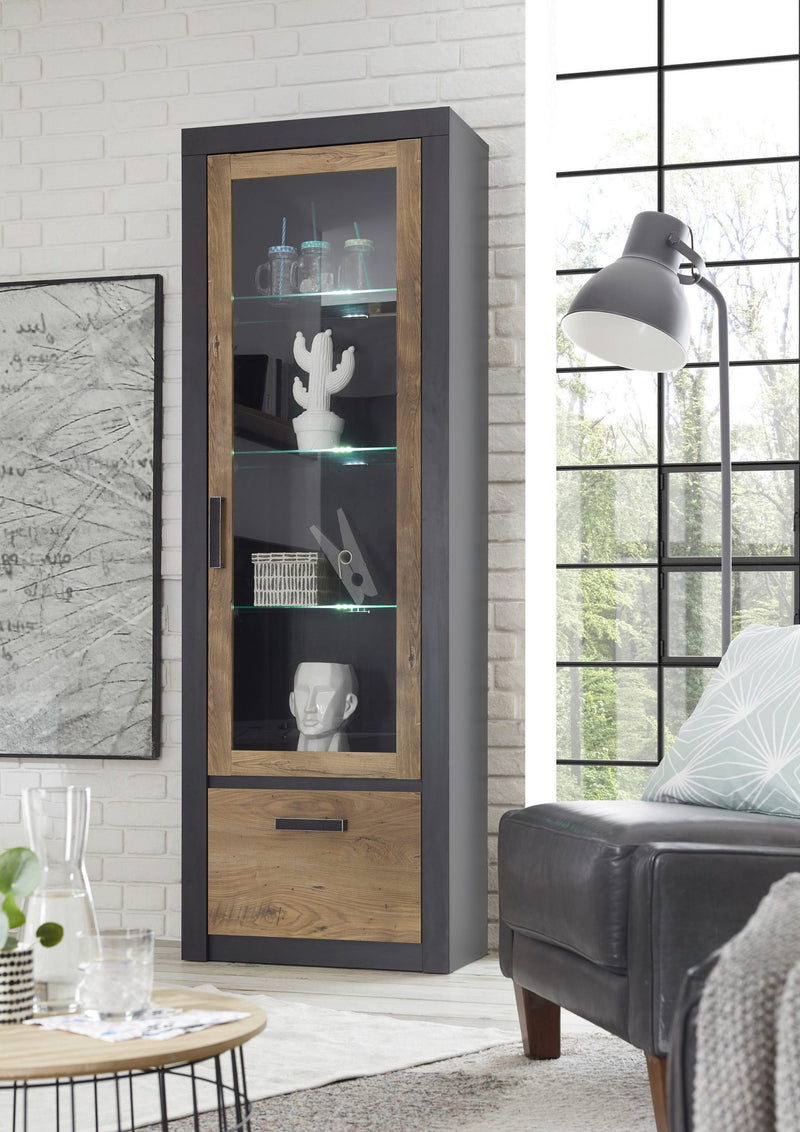 Vitrina Bruges antracit si aspect de lemn, 192 cm inaltime - LunaHome.ro