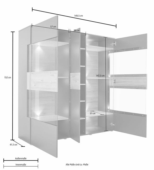 Vitrina Como gri cu iluminare, 3 uși 152 cm lățime - LunaHome.ro