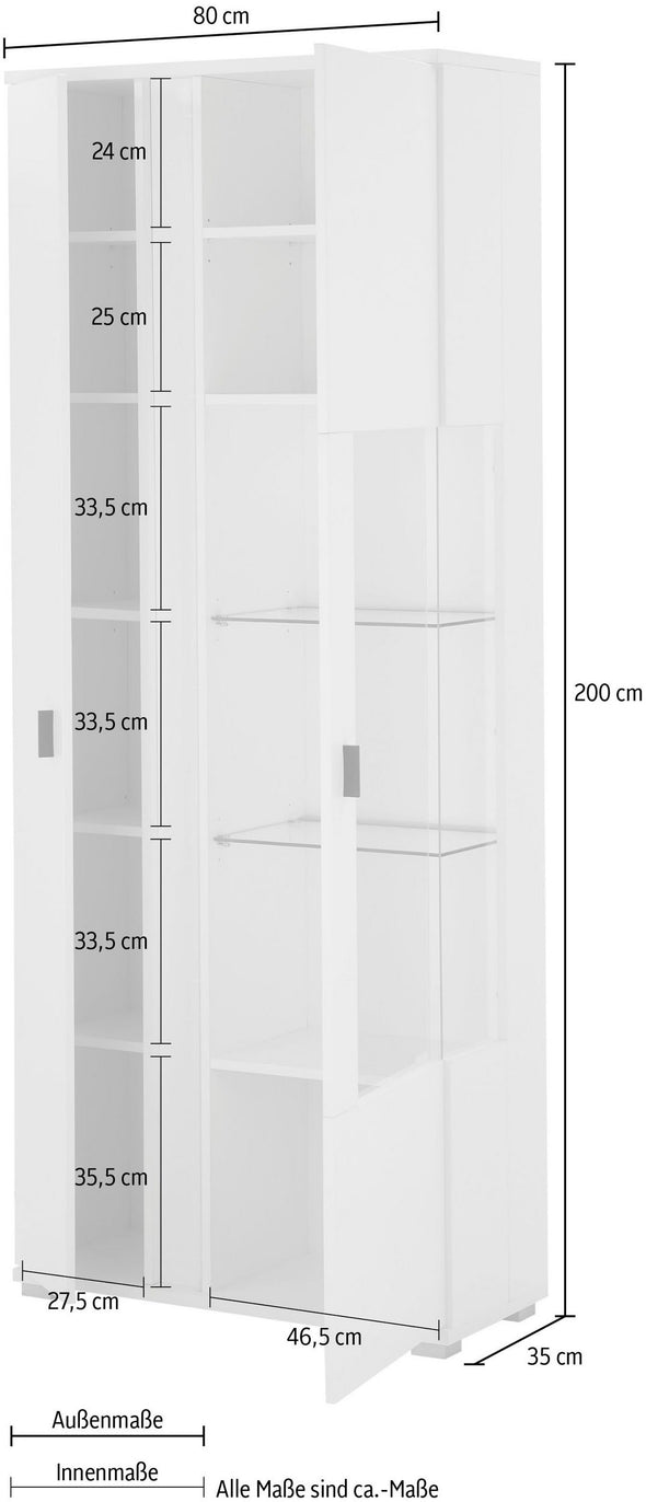 Vitrină Long Island albă cu iluminat LED 80 cm lățime