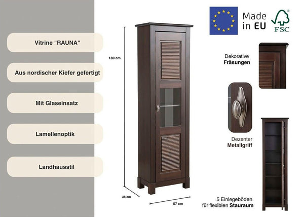 Vitrina Rauna din lemn de pin maro colonial cu o usa, 60 cm lățime - LunaHome.ro