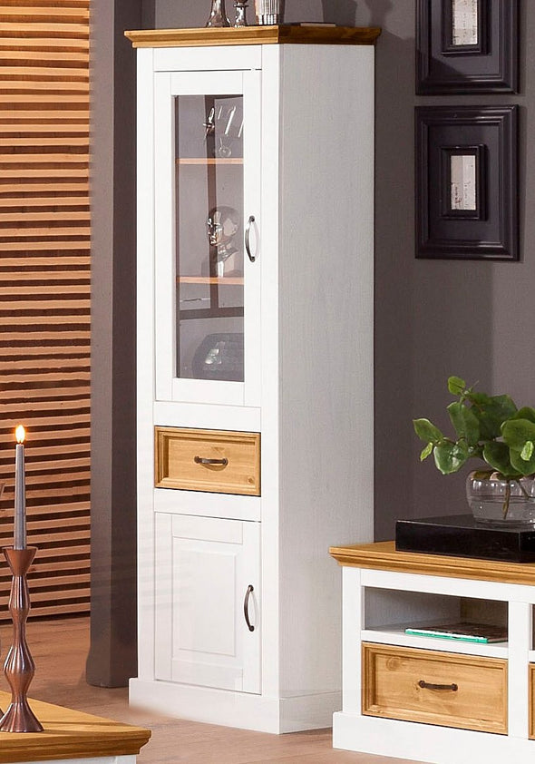 Vitrina Selma din lemn de pin natur si alb cu 2 usi, 55 cm lățime - LunaHome.ro