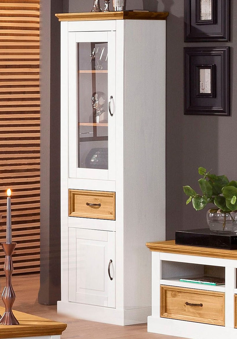 Vitrina Selma din lemn de pin natur si alb cu 2 usi, 55 cm lățime - LunaHome.ro