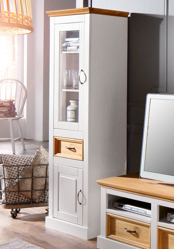 Vitrina Selma din lemn de pin natur si alb cu 2 usi, 55 cm lățime - LunaHome.ro