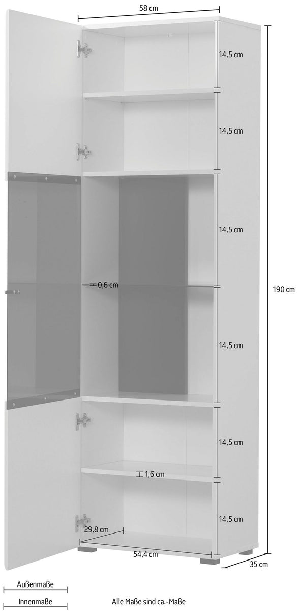Vitrina Trentino cu design modern alba cu sticla neagra, 58 cm lățime - LunaHome.ro