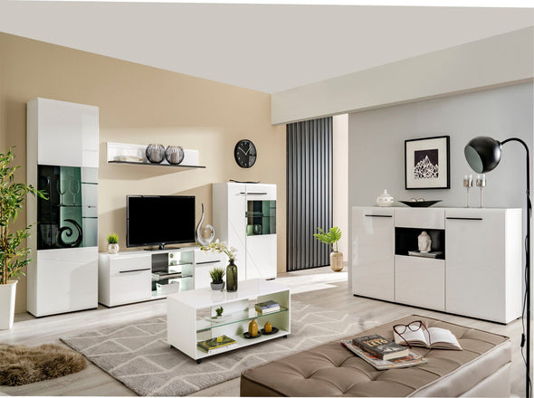 Vitrina Trentino cu design modern alba cu sticla neagra, 58 cm lățime - LunaHome.ro
