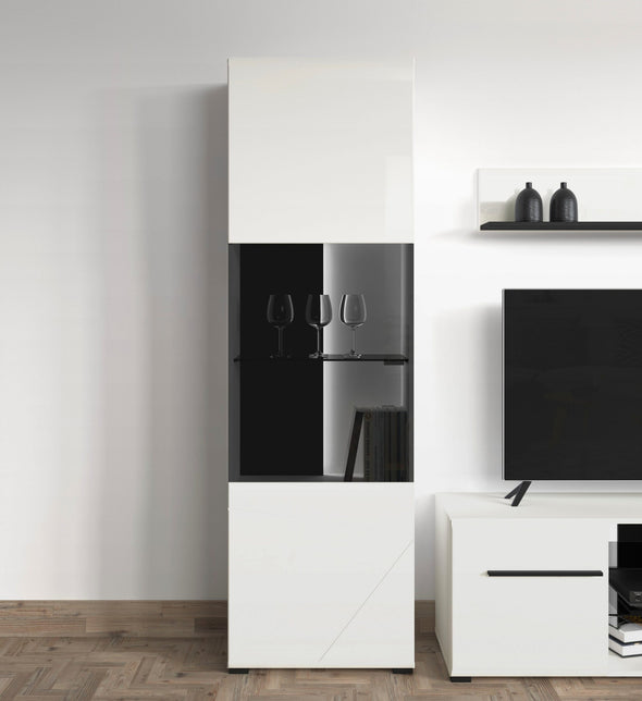 Vitrina Trentino cu design modern alba cu sticla neagra, 58 cm lățime - LunaHome.ro