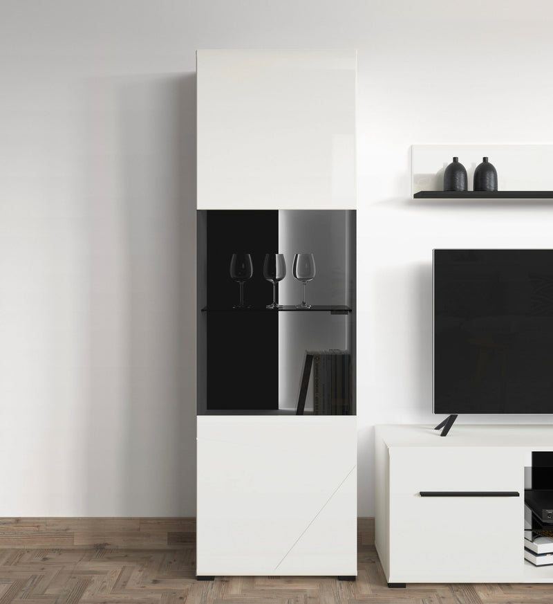 Vitrina Trentino cu design modern alba cu sticla neagra, 58 cm lățime - LunaHome.ro