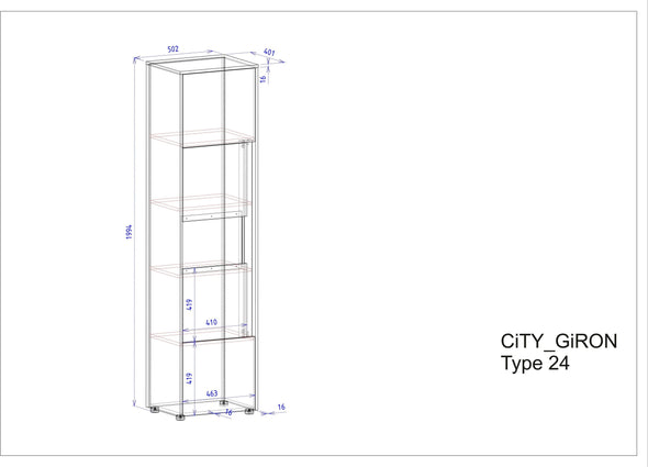 Vitrina »City Giron« gri cu detalii de culoare stejar, design modern, 50 cm latime - LunaHome.ro