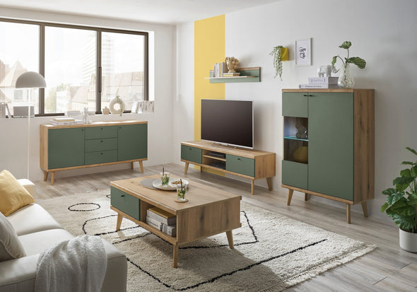 Vitrina comodă Mavas cu aspect scandinav verde salvie 90 cm - LunaHome.ro