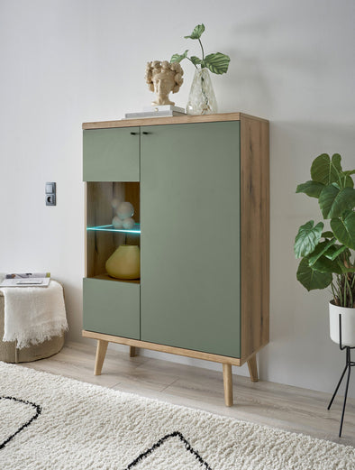 Vitrina comodă Mavas cu aspect scandinav verde salvie 90 cm - LunaHome.ro