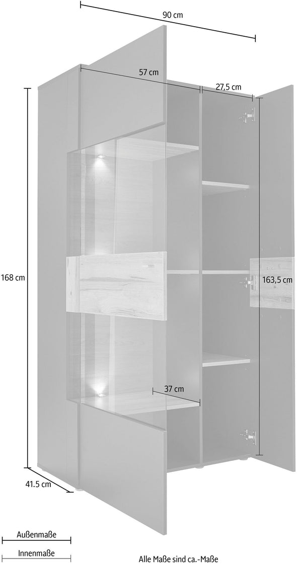 Vitrină de living Bellevue cu iluminat inclus culoare gri și stejar, 90 cm lățime - LunaHome.ro