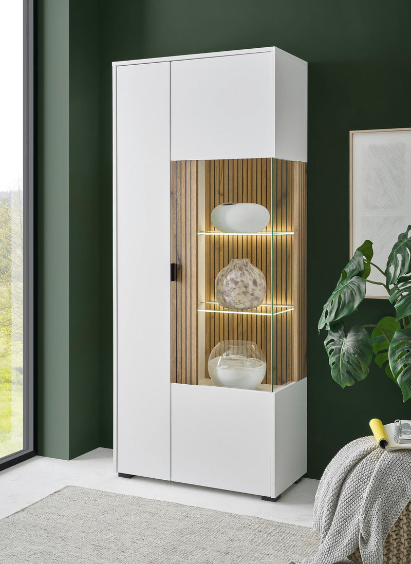 Vitrina moderna Hudson alb cu stejar cu 2 usi 75 cm lățime - LunaHome.ro