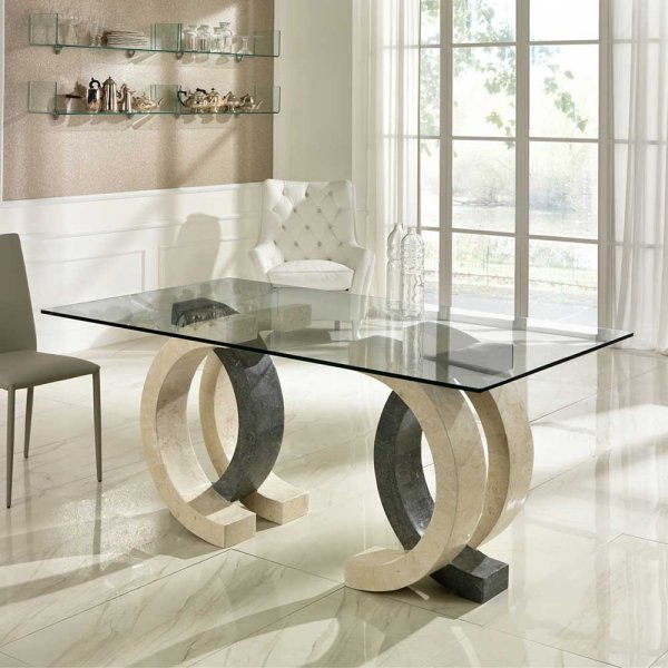 Masa Stone Olimpia picioare cu piatra, blat din sticla 100x180 cm - LunaHome.ro